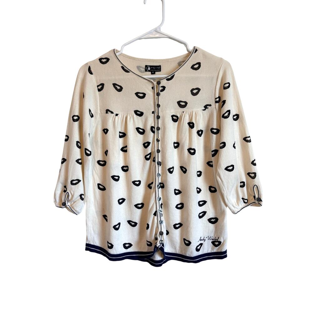 Andy Warhol Black Lipstick Lip Print Cardigan Sweater 3/4 Sleeve Medium Pop Art